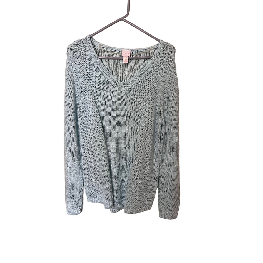 Chicos Womens V-Neck Knit Sweater Sz zchicos 2 Us 12 Laege Light‎ Blue Soft